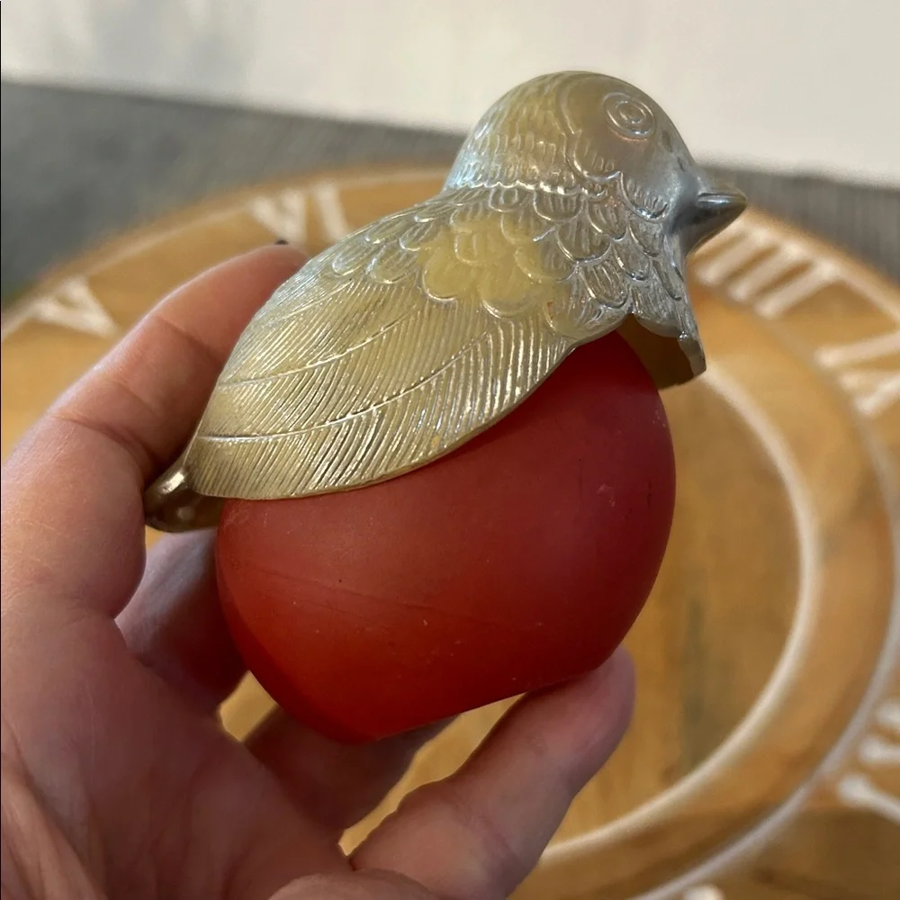 Avon bird Cologne holder empty vintage glass bird silvertone and red glass